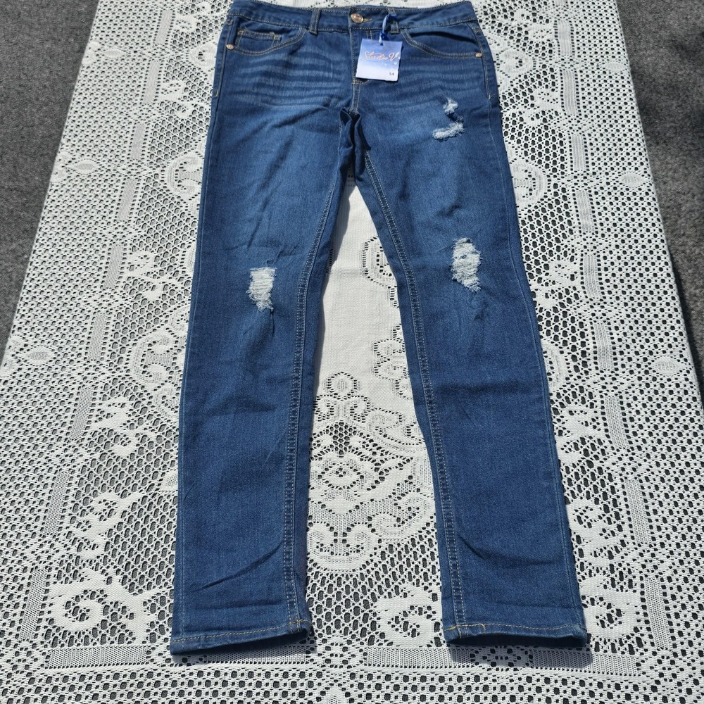 Studio V Jeans Girls 14 Blue Distressed Stretch Denim Skinny Mid‎ Rise Pants